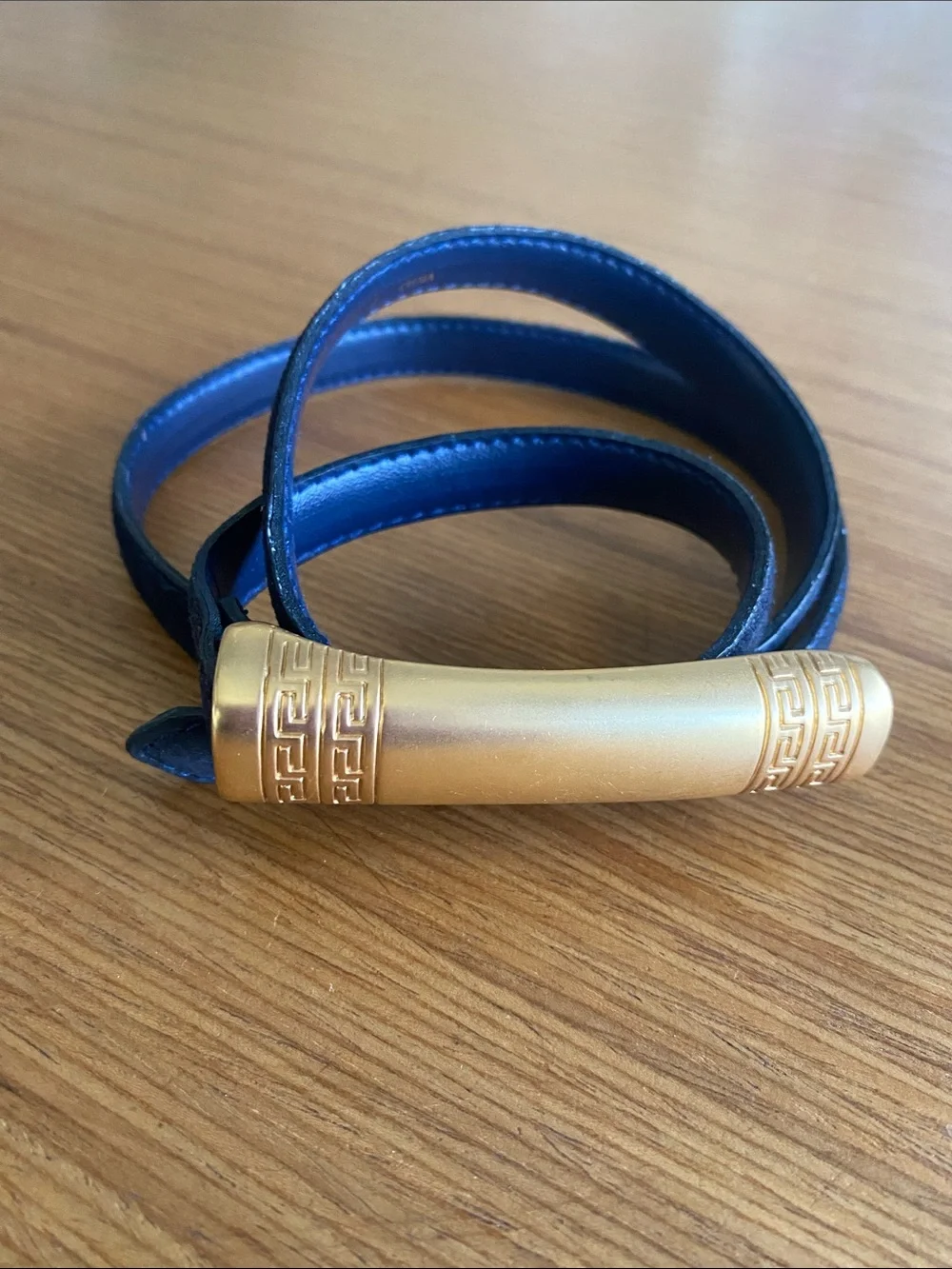 Vintage JG Hook Deep Navy /Black Leather Belt with Gold Sculptural Belt Buckle L